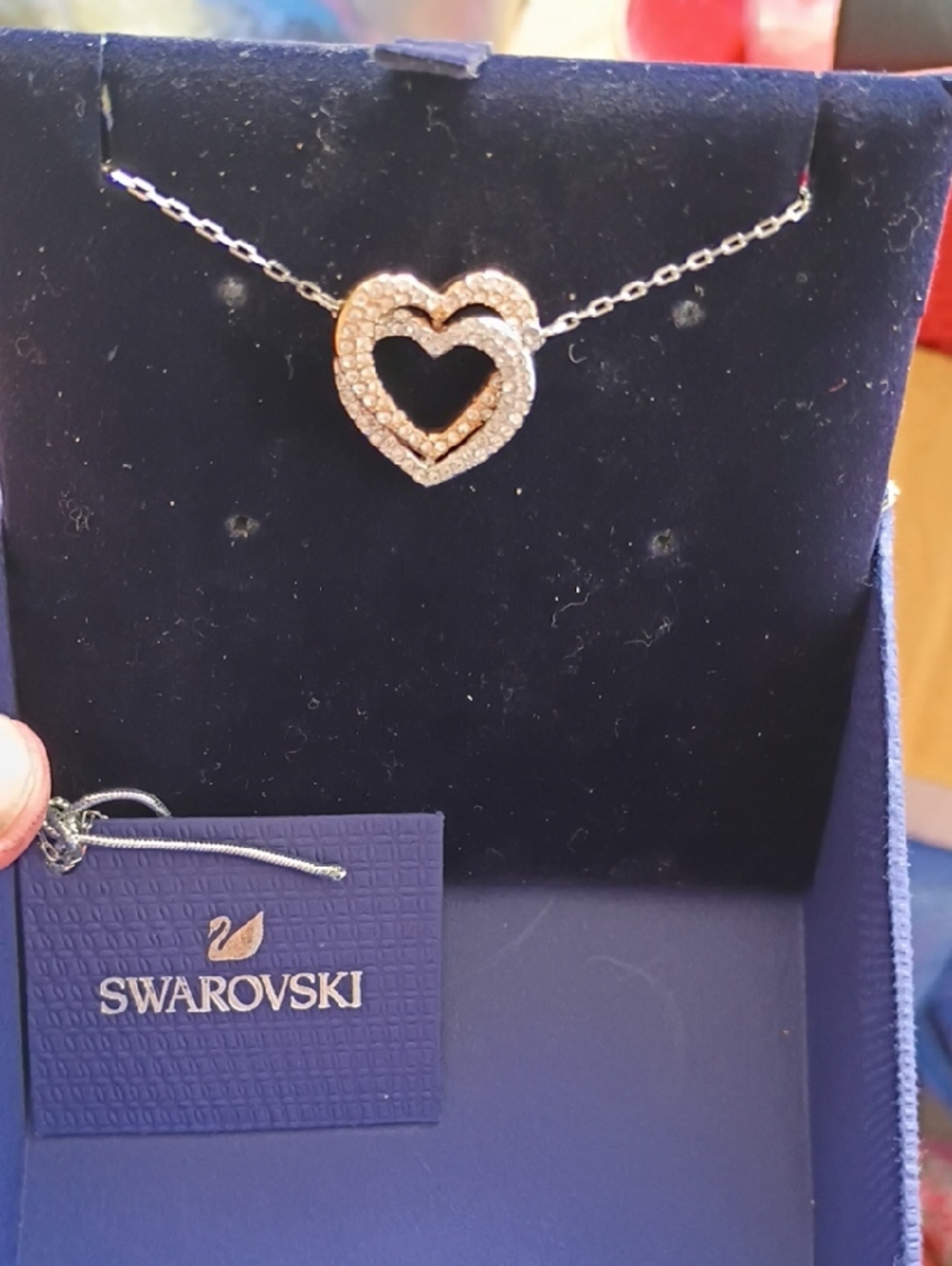 Swarovski Rose Gold Double Heart Pendant Necklace with White Crystals